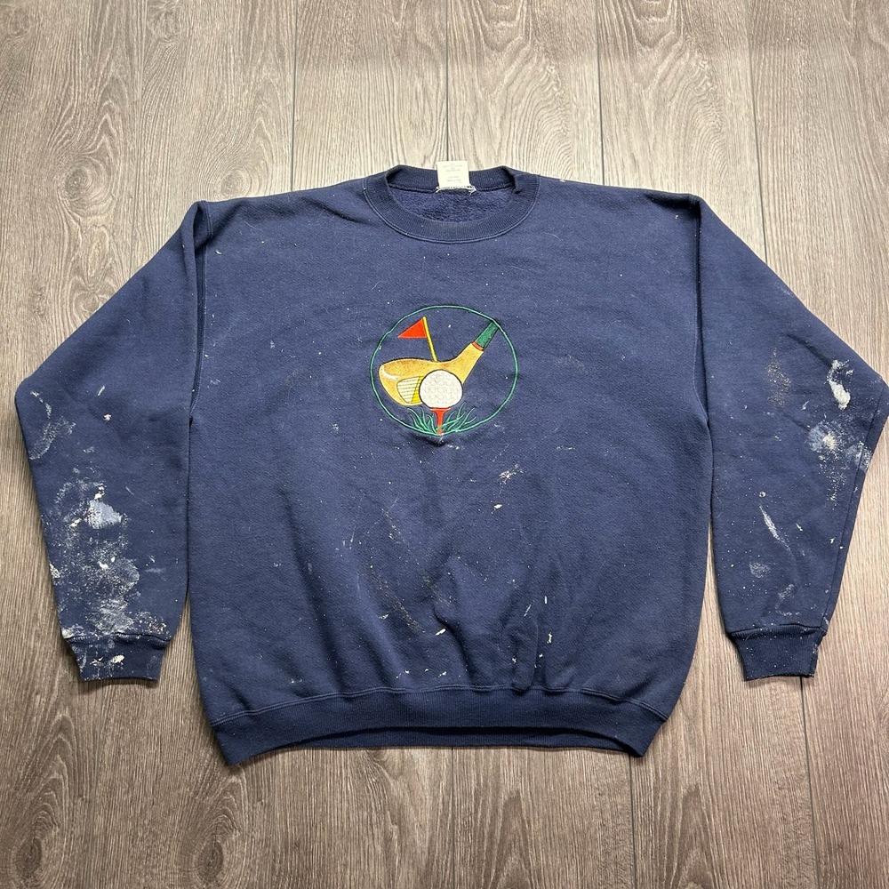Vintage Leisure Threads Golf Sweatshirt Medium Blue Distressed Paint Splatter
